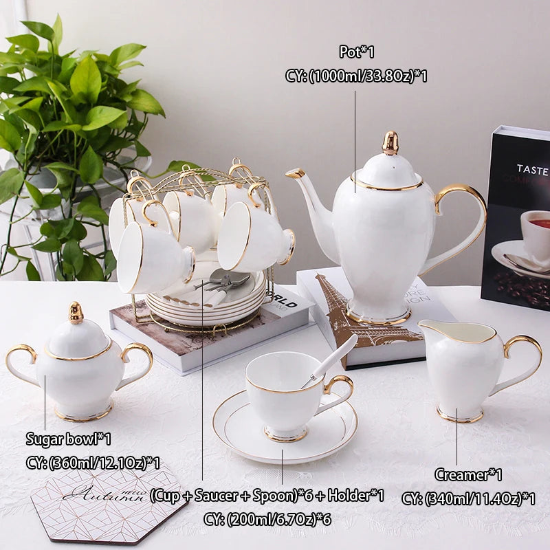 Grace Bone China Coffee Set White Gold Porcelain Tea Set Advanced Pot Cup Ceramic Mug Sugar Bowl Creamer Teapot Milk Jug Teaset