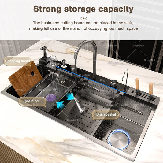 100x50cm Waterfall Kitchen Sink Stainless Steel Extra Large Single Bowl Digital Display Multifunctional Dishwashing Sinks