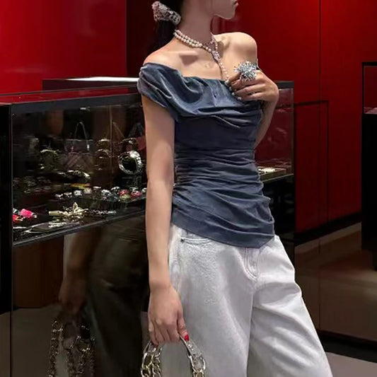 Women's Slim Top,Pleated Stretch One Shoulder Tank Top,Sexy Backless Swing Neck T-Shirt,High quality,Summer,New,2025.