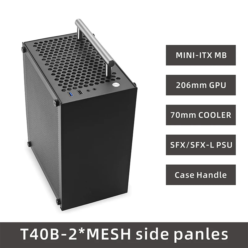 METALFISH T40 Mini ITX Black Case 7L Gaming Computer Chassis Compact transparent PC Support SFX PSU/70mm Cooler/206mm GPU