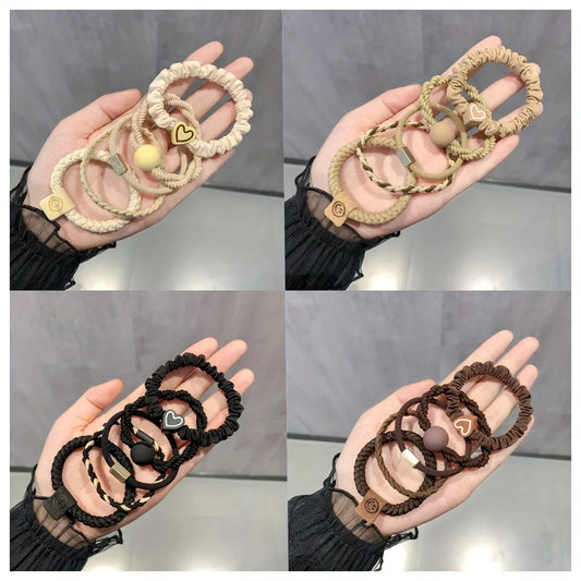 Boho Chic Women's Hair Ties Set - Cute Heart Charm & Bead Elastic Headbands for All Hair Types, for Ponytails and Workouts.