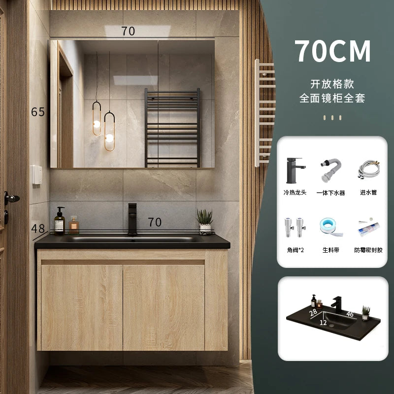 Leichter Luxus-Badezimmerschrank-Kombination, Badezimmer-Waschbecken, Gesichtswaschbecken, Toilettenholz, Waschbecken aus Keramik, integriertes Waschbecken im japanischen Stil