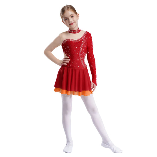 Kinder Mädchen Eiskunstlauf Kleid Lyrical Ballett Tanz Rhythmische Gymnastik Leistung Kostüm Langarm Strass Trikot.