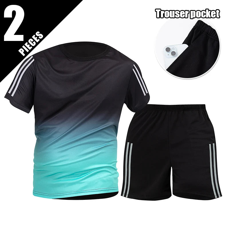 2pcs Summer Men's Quick drying Sports Suit Loose And Comfortable Round Neck Short Sleeved T-shirt Versatile Running Pocket Short