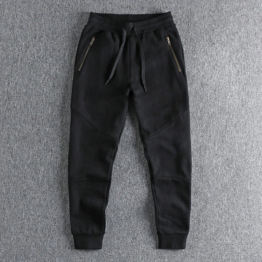 Autumn Winter American Retro Thick Sweatpants With Velvet Men's Pure Cotton Washed Heavyweight Knitted Sports Ankle-tied Pants.