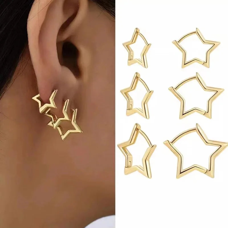 6Pcs/Set Fashion Simple Smooth Star Hoop Earrings for Women European Unisex Piercing Gothic Rock Jewelry Ear Buckles.