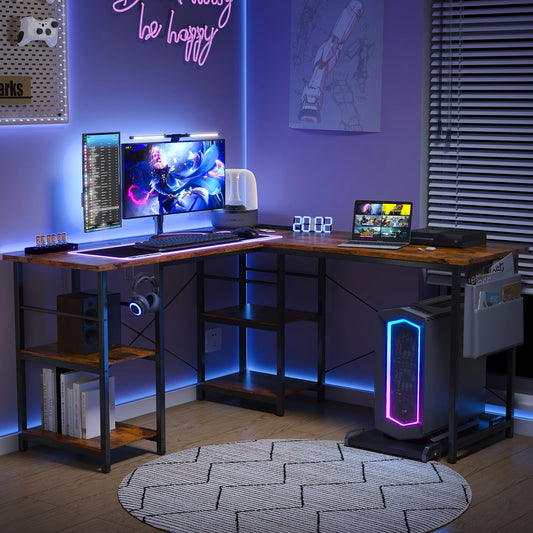 L-förmiger Schreibtisch im Industrial-Stil, 140/230cm, Verstellbarer Computertisch mit Ablagen & Integrierter Steckdose