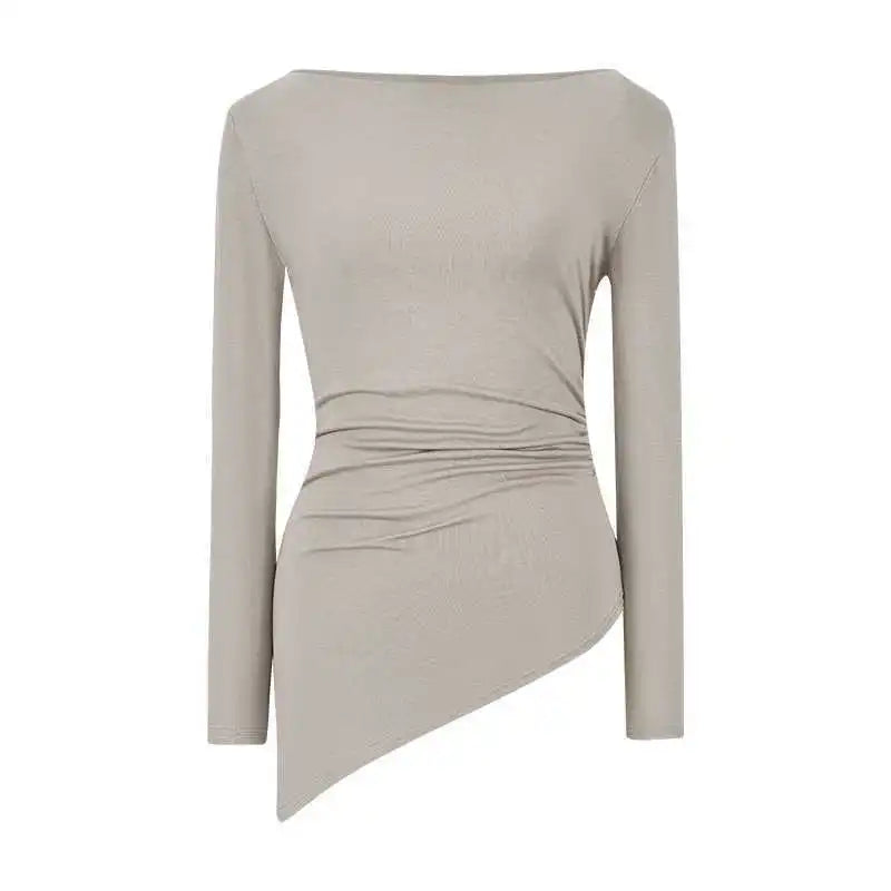 Sexy Long Sleeve T-Shirt Shoulder Bared Waist Cinched Slim Fit Knitted Cotton Solid Color Casual Urban Style for Early Autumn