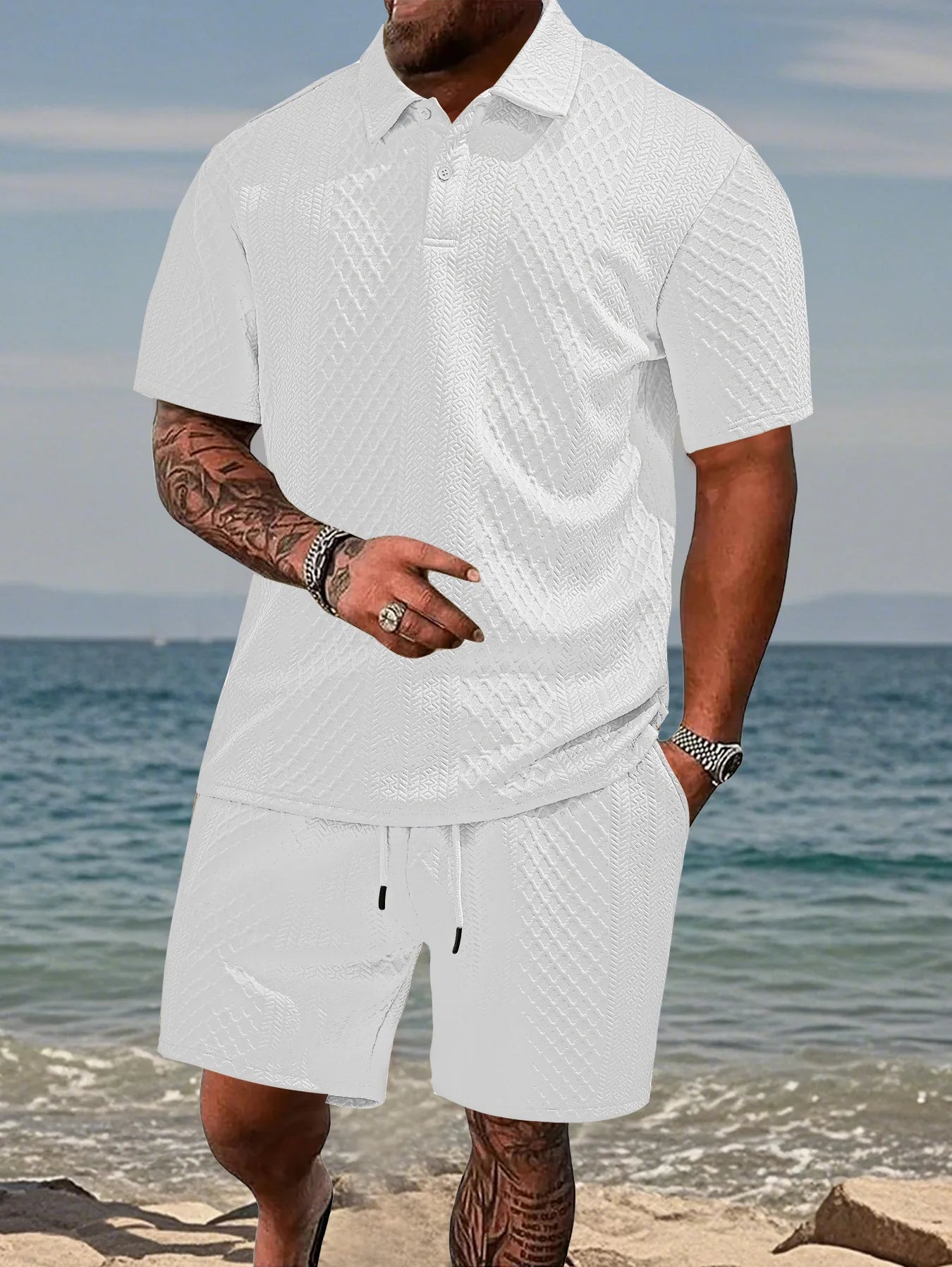 2025 Summer New Men's Casual Sportswear Polo Shirt With A Lapel, Men's Short-sleeved Shirt And Shorts, Jacquard Texture Suit