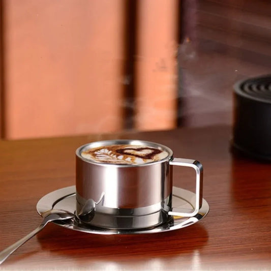 1Set Stainless Steel Coffee Cup Set Double Walled Heat Resistant Mug with Saucer Spoon Drink Tableware Kitchen Cafe Accessories.