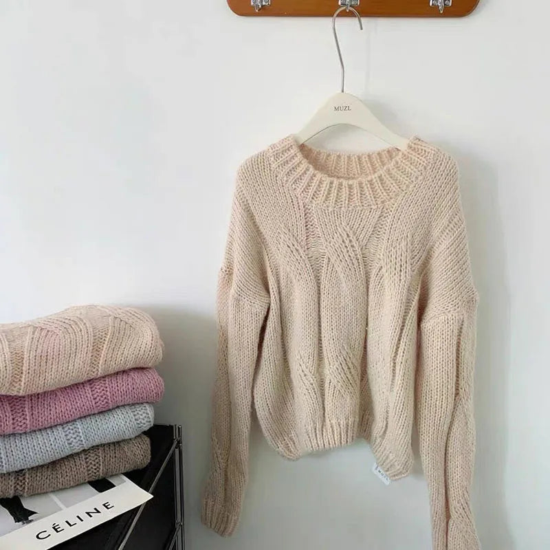 Biyaby Twist Gestrickte Pullover Frau Herbst Winter Faul Stil Oansatz Feste Pullover Frauen Casual Grundlegende Lose Pullover Damen.