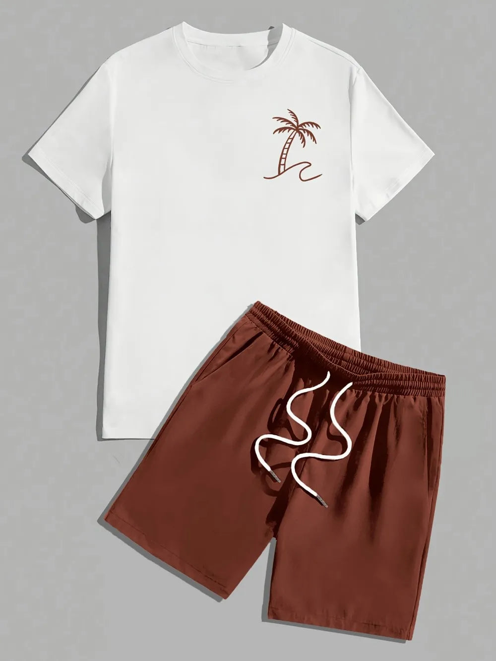 Hot selling men's summer coconut tree print comfortable and breathable round neck T-shirt shorts set outdoor vacation suit.