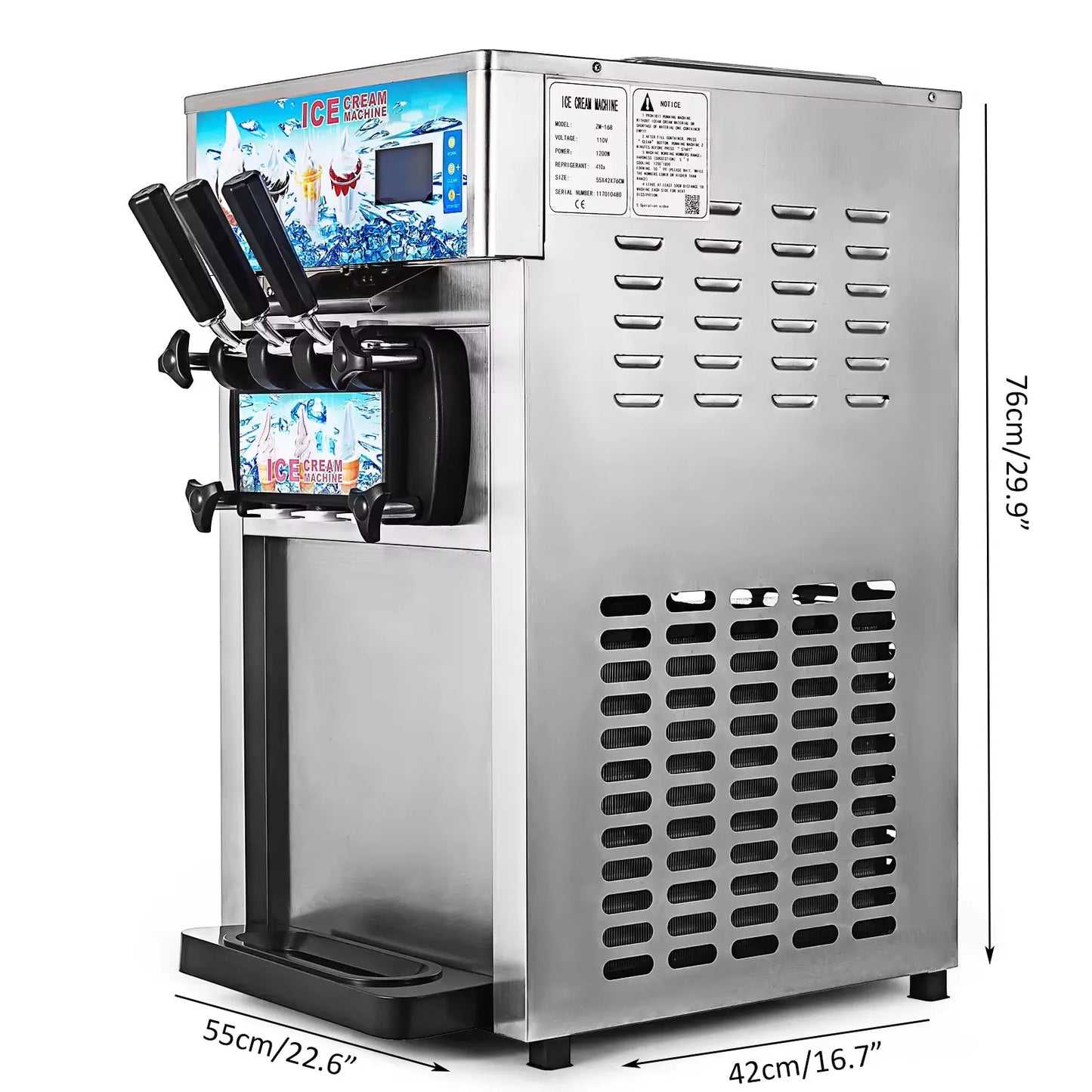 SIHAO Commercial Soft Serve Ice Cream Machine - Tri-Flavor 18L/H with LCD Display & One-Touch Cleaning for Dessert Shops, Cafes.