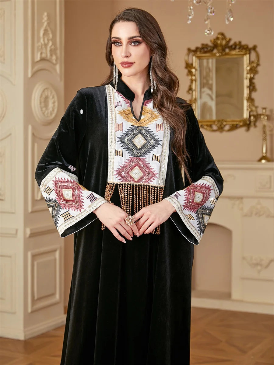 Siskakia Ramadan Muslim Notched Stand Collar Tassel Long Dresses For Women Loose Elegant Kebaya Patchwork Sleeve Abayas.