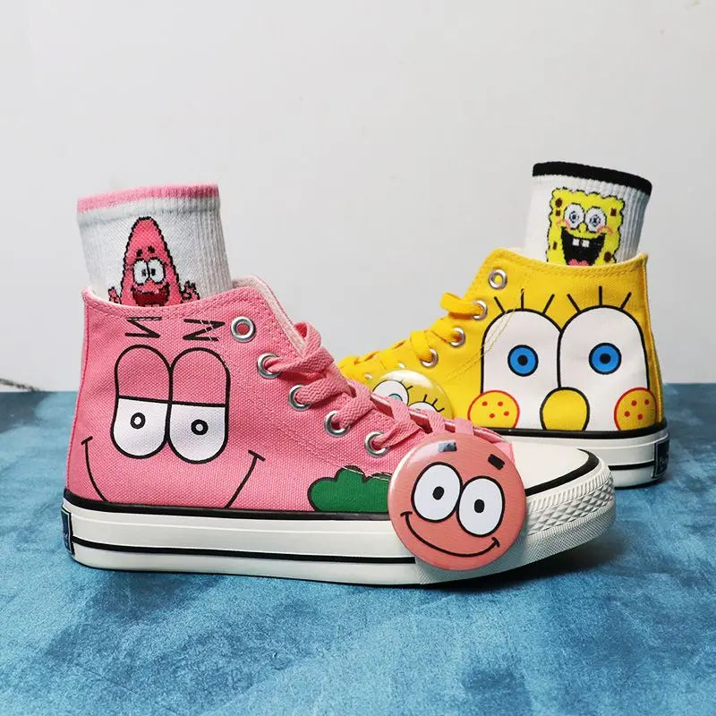 Summer new student Spongebob Squarepants High top canvas shoes cute girl cartoon street sneakers.