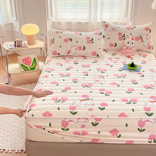 Quilted Mattress Cover For Kids Single/Double Size Rabbit Printing cubre colchón 200X220cm Anti-Mite 매트리스커버 Queen/King Size 매트리스.