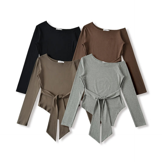 Sexy Long Sleeve T-Shirt Women's Waist Cinched Shoulder Bared Strap Design Autumn 2025 Irregular Halter Neck Top for Trendy Girl.