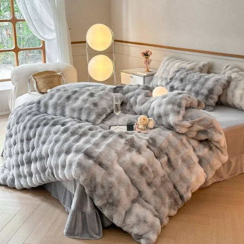 2024 new solid color colorful rabbit wool four-piece set, one side of rabbit fur and one side of milk wool thickened warm