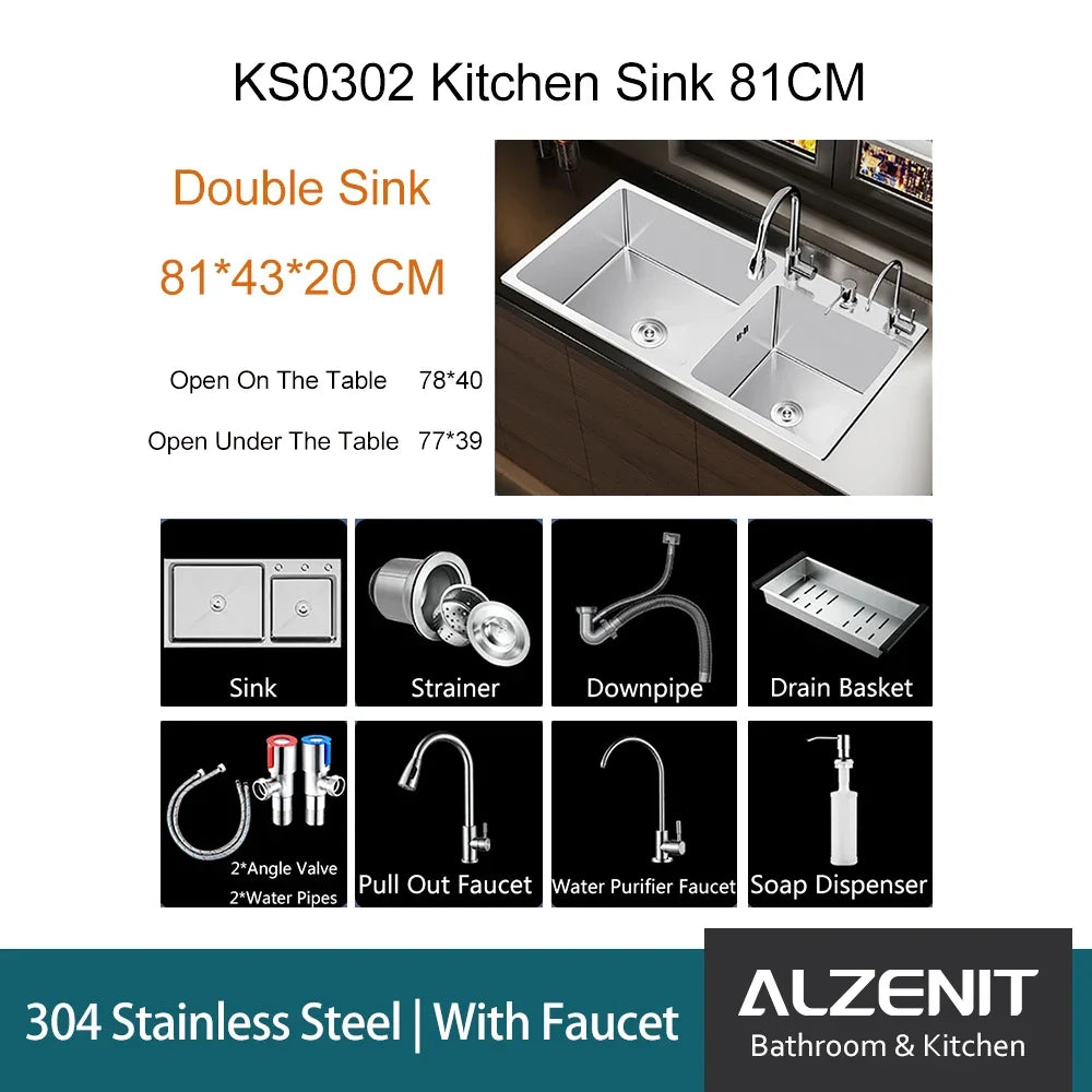 304 Stainless Steel Kitchen Sink Above Counter Undermounter Silver Double Farmhouse Wash Basin with Gourmet Faucet Drainage