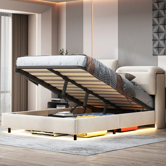 Creahappy – Weich gepolstertes Doppelbett – mit faltbarem, verstellbarem Kopfteil – hydraulischer Stangenbettrahmen – LED-Streifenbeleuchtung unter dem Bett