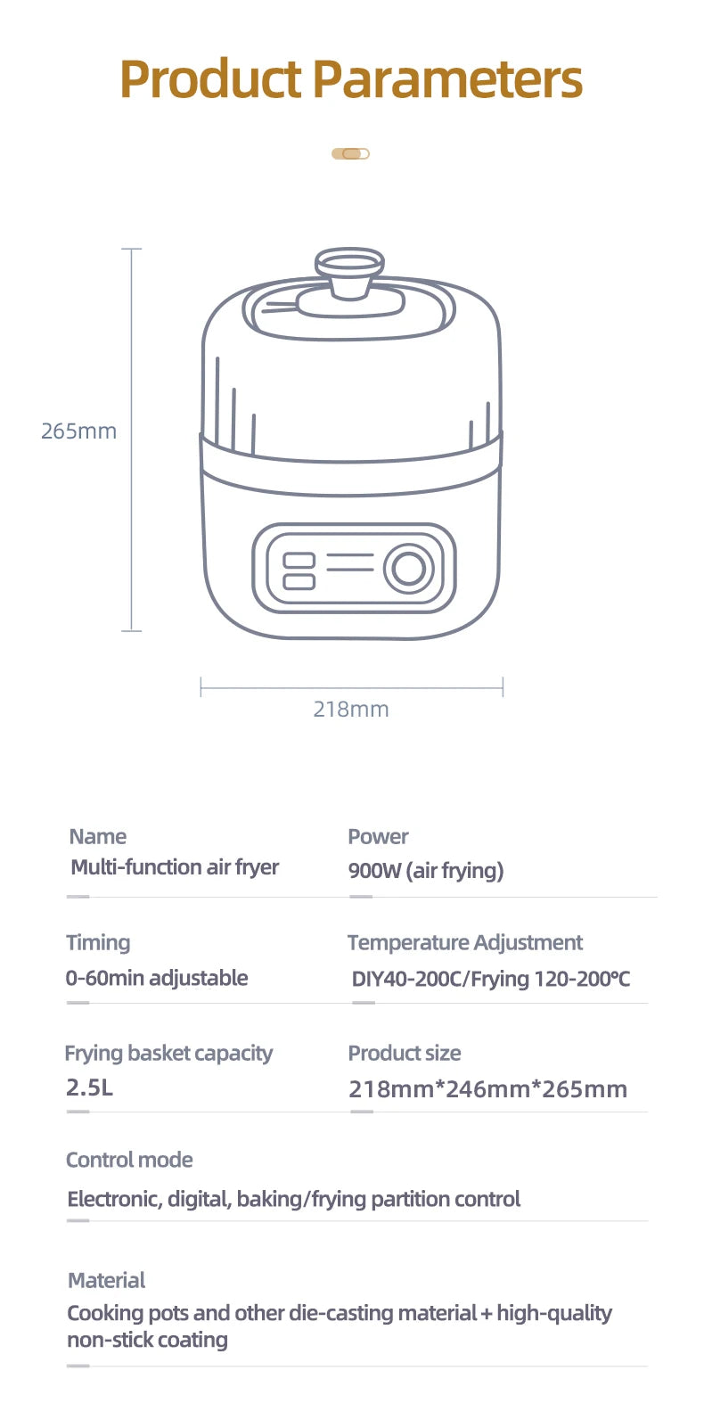 2.5L Smart Electric Air Fryers Oil-free Automatic Household Kitchen 360°Baking Convection Oven Deep Fryer Visible Window 220V