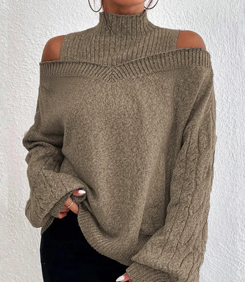 2025 Autumn Winter New Solid Knitting Off Shoulder Sweaters Elegant Office Lady Half High Collar Splice Loose Pullovers Sweater