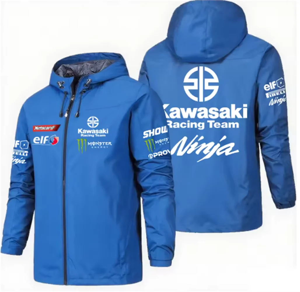 Racing team jacket with Kawasaki logo, men's waterproof and windproof sportswear, 2025 new outdoor sports fashionable fan jacket