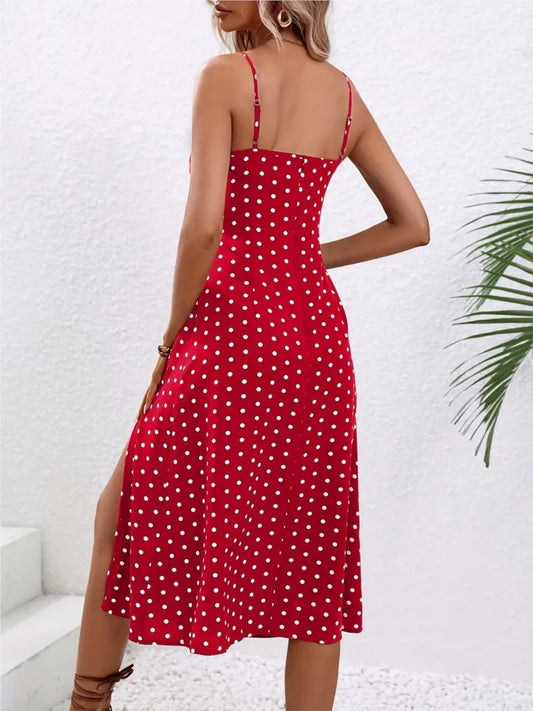 2024 sommer Sexy Spaghetti-trägern Kleid Frauen Mode Polka Dot Print Ärmelloses Schlitz Kleid Boho Casual Strand Midi Kleider.