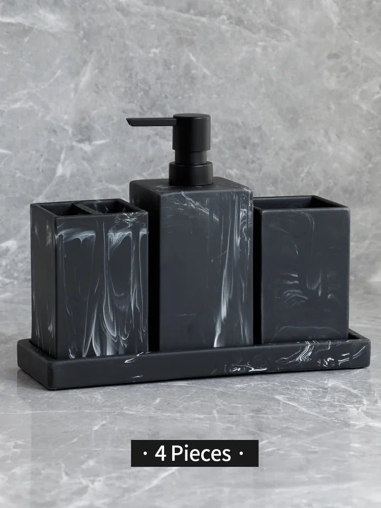 Bathroom Accessories Complete Marble Pattern Lotion Soap Dispenser,Toothbrush Holder,Tumbler,Tray Resin material Black white