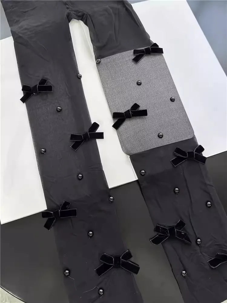 Lolita Pink Velvet Bow Embroidery Pearl Tights Pantyhose Fashion Women Tights JK Lolita Styles Sweet Girls Kawaii Cute Stocking