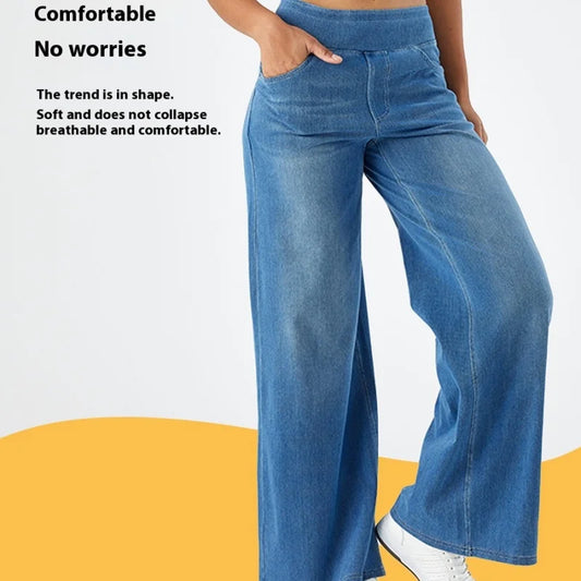 Women's New Large Size Denim Wide-Legged Trousers American High-Waisted Thin Straight Loose Casual Trousers Casual Jeans.