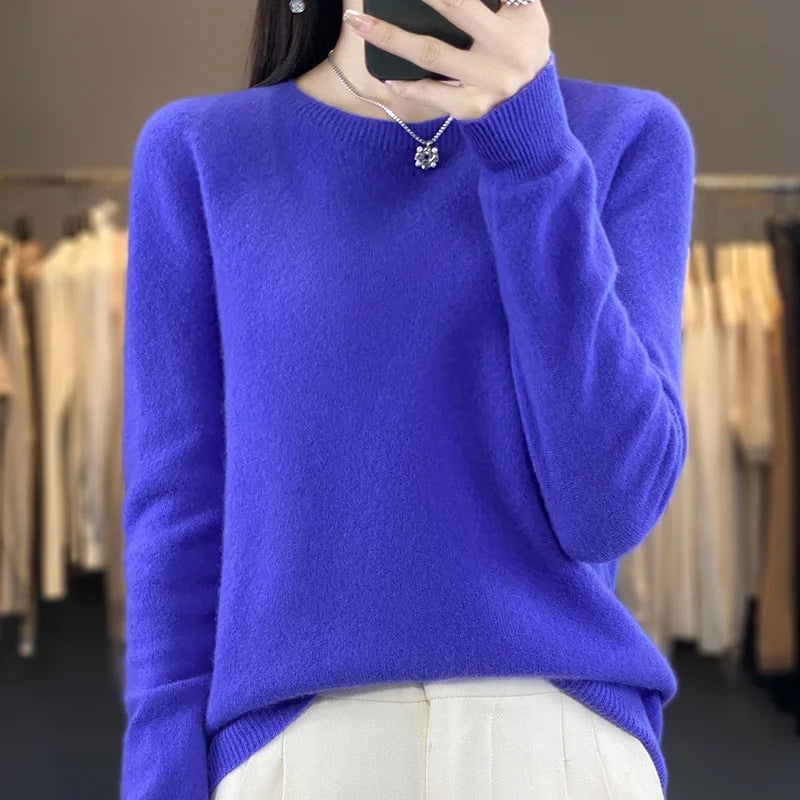 100% Merino Wool Sweater Women O-neck Cashmere Knitwear Female Pullover Autumn Winter Casual Tops Solid Color Soft Clothing