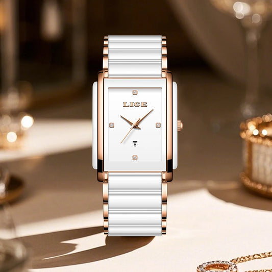 LIGE Fashion Square Quartz Woman Watches Ceramics Elegant Simple Diamond Auto Date Romantic Birthday Gift Leisure Wristwatch New.