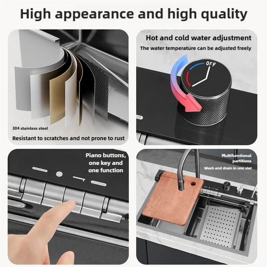 Stainless Steel Kitchen Sink Waterfall Faucet Large Single Sink Intelligent Dishwasher Sink Digital Display and Light Effects