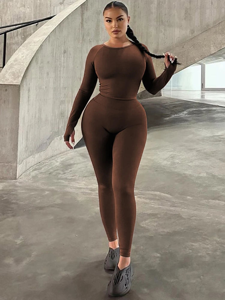 Hugcitar Pure Color Long Sleeve Crop T-Shirt Legging 2 Piece Matching Sets 2024 Spring Women Fashion Streetwear Sports Tracksuit