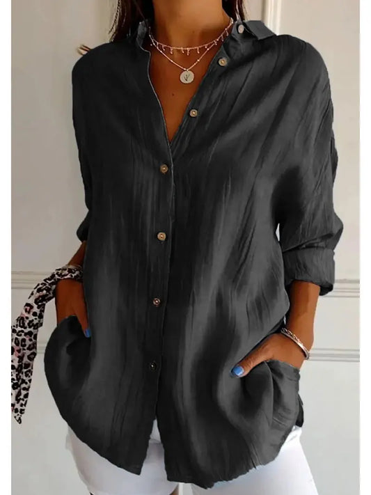 Shirt Women's Lapel Long Sleeve Solid Color Casual Single Breasted New Fashion Brown Black White Shirt Tops Blouses for Female.
