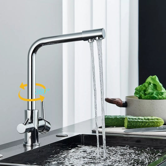Chrome Brass Pure Water Kitchen Faucet Dual Handle Hot and Cold Drinking Water 3-way Filter Kitchen Purified Mixer Taps