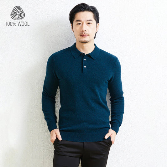 100% Wool. High-quality Men's Warm Sweater, Business Casual Stretchable POLO Shirt, Fall/winter Pullover Knitted Sweater..