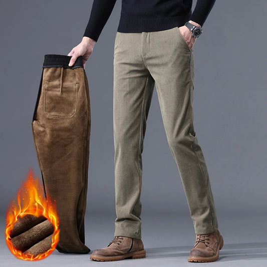 Khaki Black Gray Fleece Men's Corduroy Casual Pants Chenille Thick Stretch Business Trousers Mid-rise Brand Winter Thermal Pants.