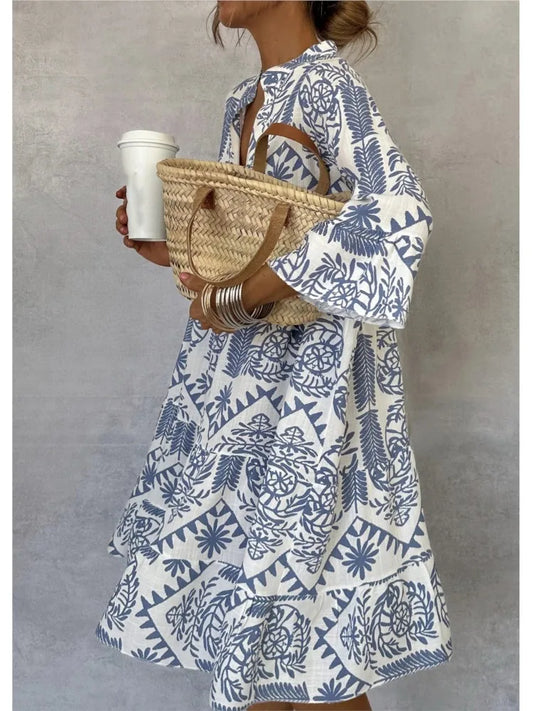 Neue Stil Casual Print Drei-viertel Hülse Hemd Kleid Für Frauen Sommer Mode V-ausschnitt Lose Urlaub Casual Kleider robe Femme.