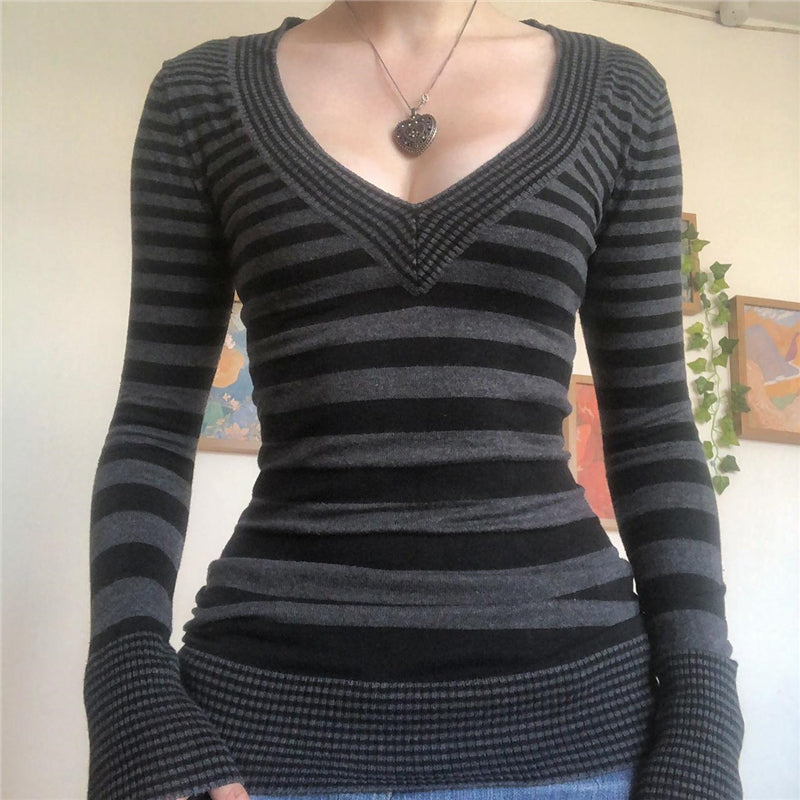 y2k Knitted Top Fairy Grunge Clothes Women Striped V Neck Long Sleeve T Shirt 2000s Clothing Punk Gothic Streetwear.