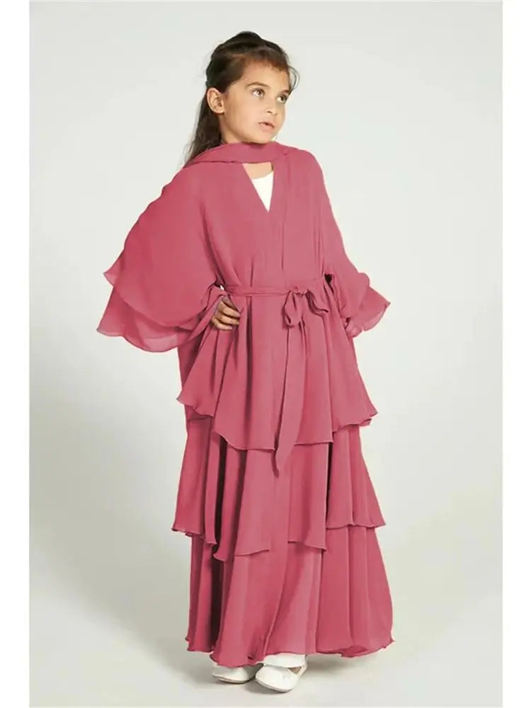 Summer Modest Kaftan Hijab Dresses For Women Kids Open Chiffon Khimar Kimono Abaya Dubai Luxury Muslim Sets Islam Kebaya Damen