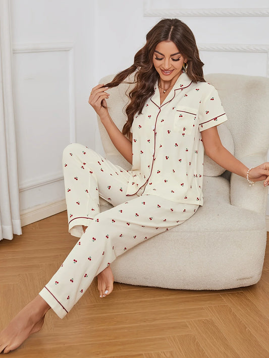 Cherry Print Textured Pajama Set Casual Short Sleeve Buttons Lapel Top & Elastic Pants Women's Sleepwear.