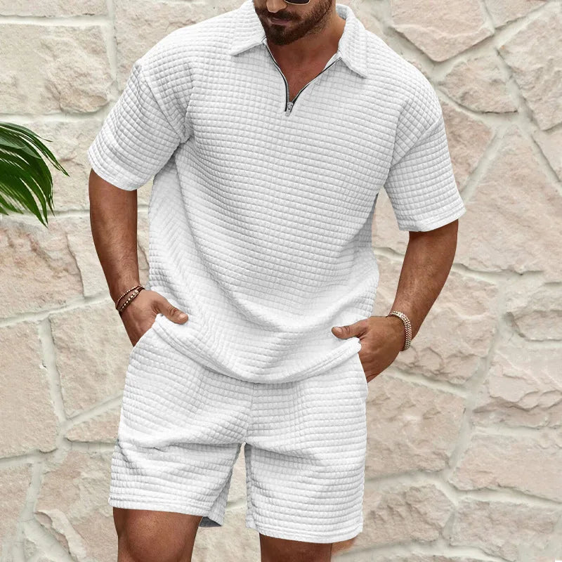 2024European and American Men's Spring and Summer Trends Youth Outdoor Lapel Small Plaid Short Sleeve Shorts Sports Suit