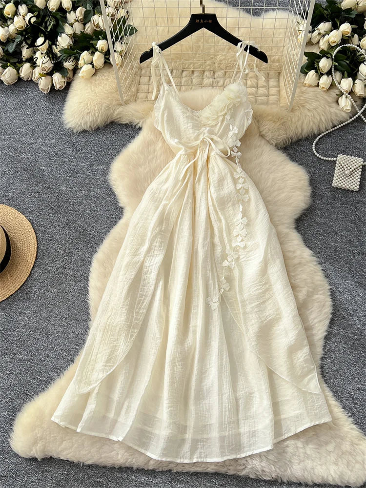 SINGREINY 2025, süßes Sommerkleid für Damen, Spaghettiträger, plissiert, 3D-Blumenmuster, schickes Sommerkleid, Fairycore, unregelmäßiges Kleid