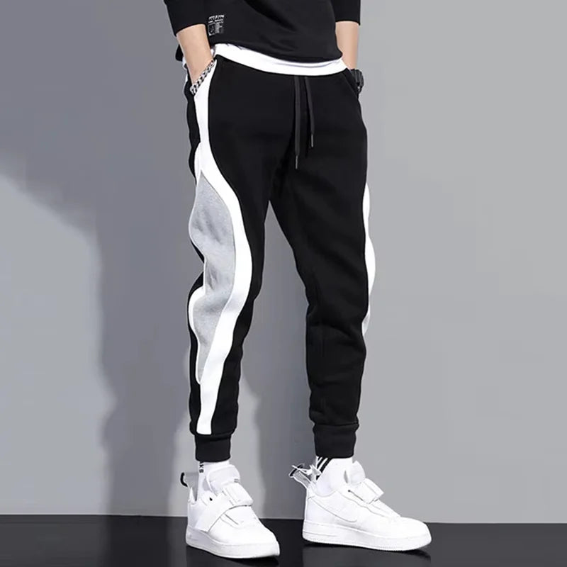 Autumn Men's Wide Loose Casual Pants Mens Patchwork Nine-point Sports Elastic Rope Breathable Tie-foot Trousers.