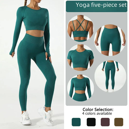 In-stock Women's Yoga Suit Five-piece Set Seamless Fitness Wear For Running Sports Top Leggings From Mainland China.