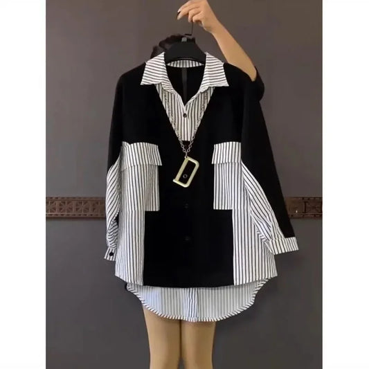 Plus Size Women's Loose-Fit Slimming Medium-Length Color Blocking Striped Shirt Fashionable Top Stylish Hiding Body Shape.