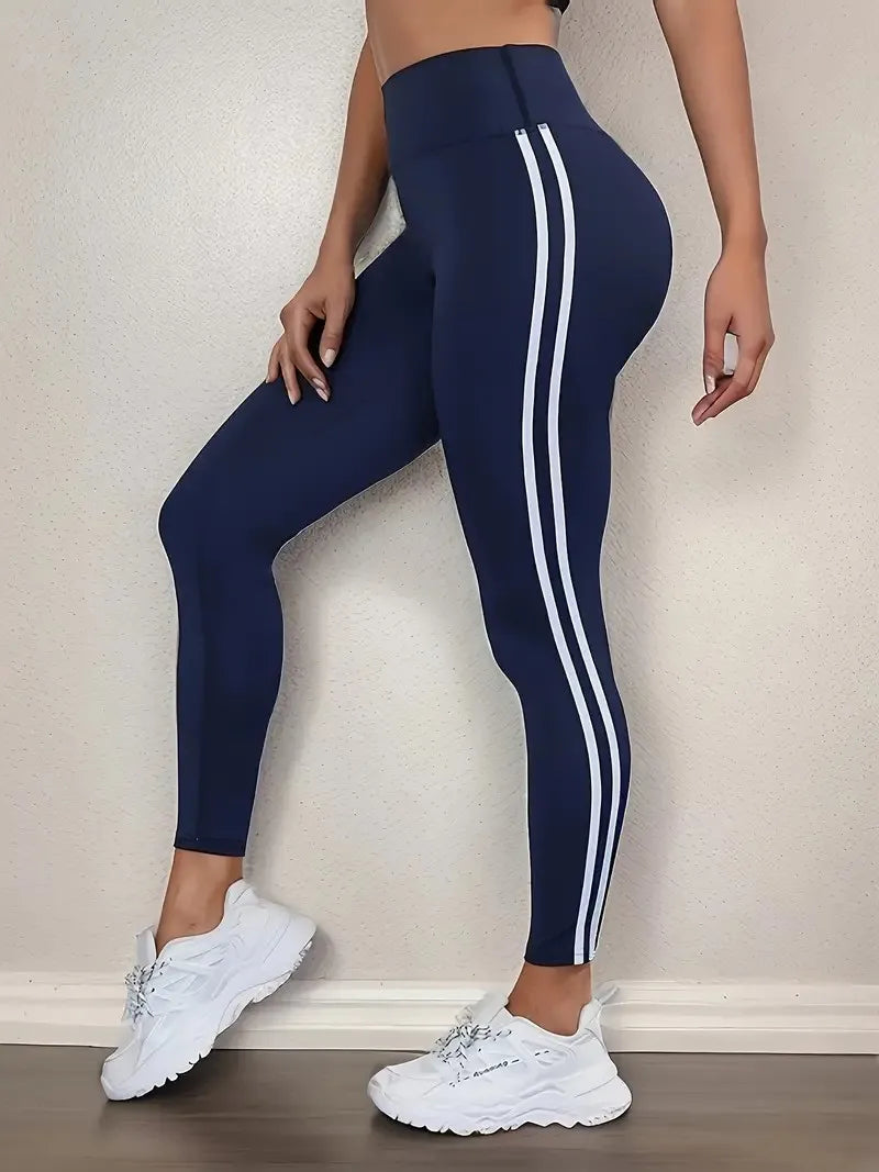 High Waisted Athletic Leggings Sports Yoga Pants With White Stripe Stretchable Workout Tights Comfort Fit For Running And Casual.