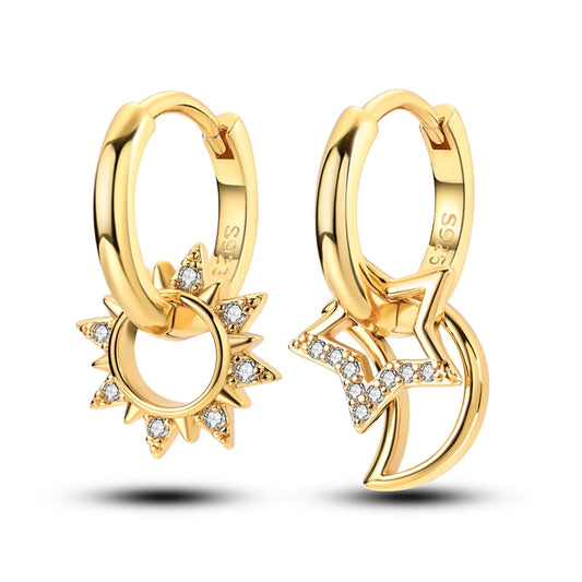 Yellow Gold Starlight Hoop Earrings For Girl Sparkling Classic Snakebone Multi-loop Earrings Star Moon 925 Silver Women Earring.